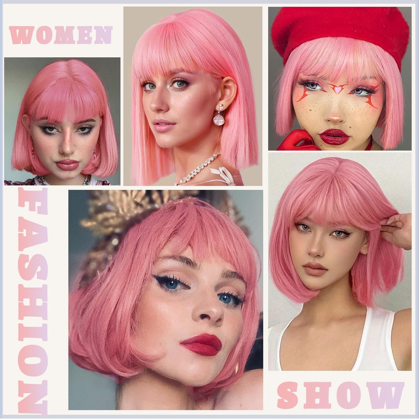 WERD Short Pink Bob Wig for Women Light Pink with Bangs Synthetic Hair Straight Bob Wig for Daily Party Cosplay