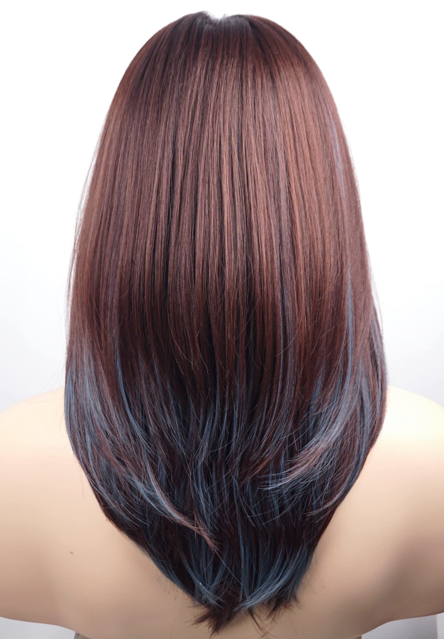 Medium Length Layered Wig Dark Brown with Blue Highlights, Synthetic Layered Wig with Bangs for White Women