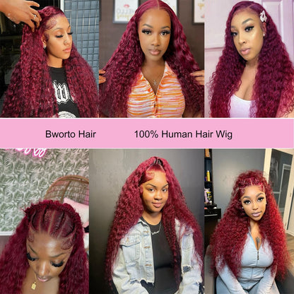 Bworto Burgundy Wig Human Hair 99j Burgundy 13x6 Deep Wave Lace Front Wigs Human Hair Pre Plucked HD Transparent Lace Frontal Wigs for Black Women Red Colored Wig 32 Inch