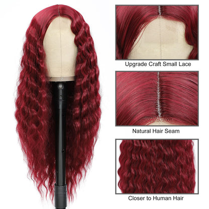 Long Deep Wave Wig Burgundy Lace Front wigs 28 Inch Long Curly Synthetic Wigs for Women Fake Scalp Natural Crimps Curls Wig,Bug#