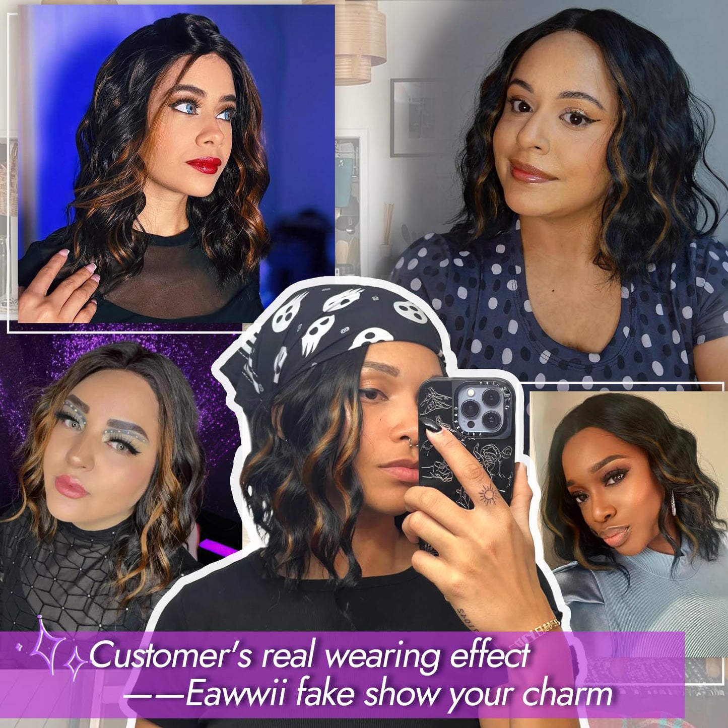 Eawwii Black Mix Brown Short Wavy Wig for Women Lace Hairline Bob Style Synthetic Heat Resistant - Natural Appearance for Everyday Hairstyle 14 Inch