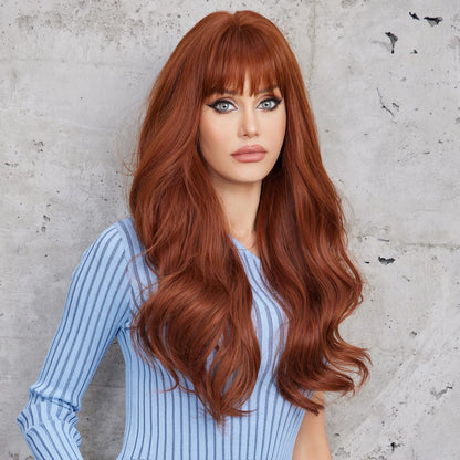 HAIRCUBE Auburn Wigs with Bangs Synthetic Women's Wig Long Wavy Layered Heat-Resistant Wig for Daily Use Natural and comfortable