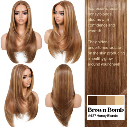 BrownBomb Wear and Go Glueless Wigs Pre Plucked Pre Cut for Beginners Honey Blonde Synthetic Lace Front Wigs For Woman Long layered straight Wigs with bangs 427 middle part wig 26 Inch