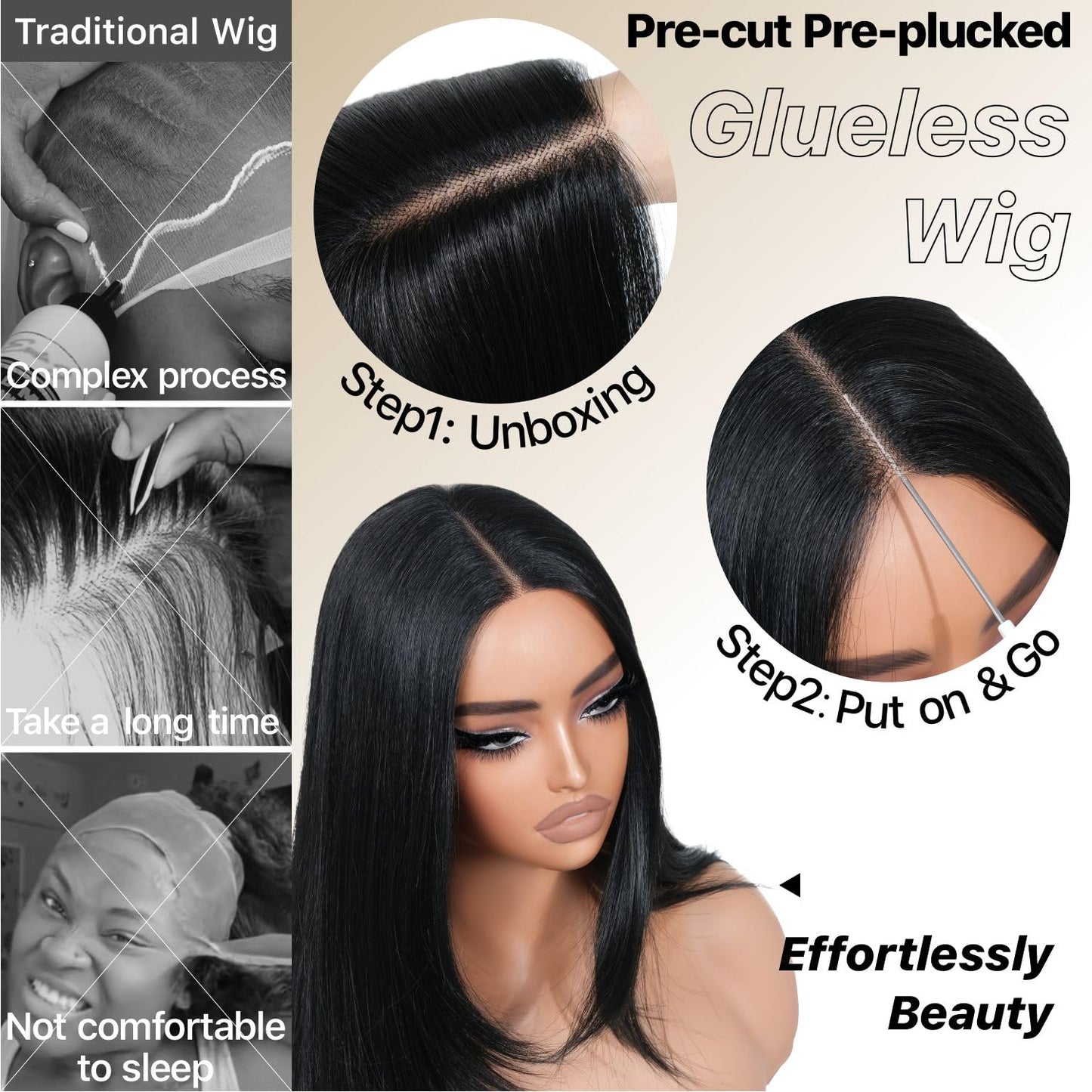 BrownBomb Black Wear and Go Glueless Wigs Pre Plucked Pre Cut for Beginners Long Layered Straight Synthetic Lace Front Wigs with bangs 26 Inch Natural 1B 3 Seconds to Wear for Beginners
