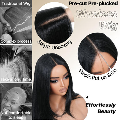 BrownBomb Black Wear and Go Glueless Wigs Pre Plucked Pre Cut for Beginners Long Layered Straight Synthetic Lace Front Wigs with bangs 26 Inch Natural 1B 3 Seconds to Wear for Beginners