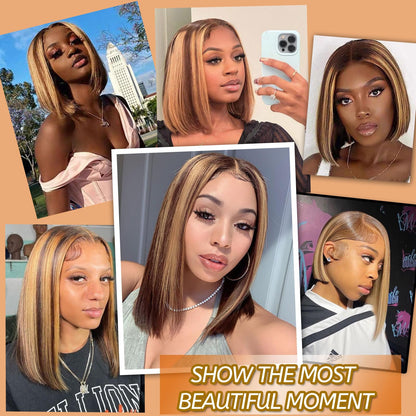 Ombre Highlight Bob Wig Human Hair 13x4 Lace Front Wigs P4/27 Colored Wigs 14 Inch Honey Blonde Bob Human Hair Wig 180 Density Glueless Short Human Hair Wigs for Women Pre Plucked With Baby Hair