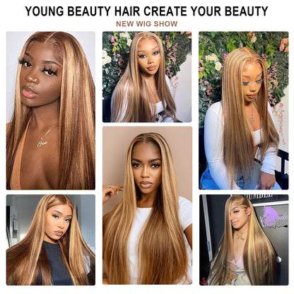 Xinran Highlights Blonde Ombre Wigs for Women，Long Straight Brown Blonde Mixed Wig Small Area Lace Front，Synthetic Natural Hairline Replacement Daily Use 30 Inch