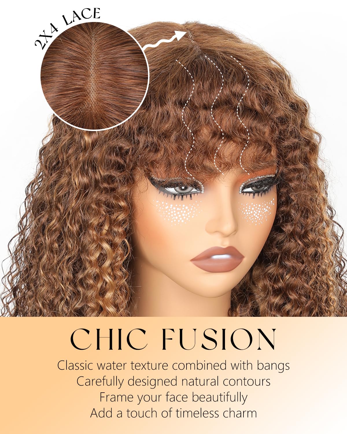 JuneMet Ombre Highlight Human Hair Wig with Bangs 2x4 HD Lace Front Closure Wear and Go Glueless Wigs with Bangs Curly Water Wave 4/27 Honey Blonde Brown Colored Human Hair for Black Women 16 Inch