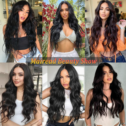 Mairead 26 Inch Long Curly Wavy Synthetic Lace Front Wigs for Black Women Synthetic Black Wig Middle Part Natural Looking Synthetic Heat Resistant Fiber for Daily Party Use
