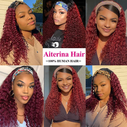 Aiterina Headband Wig deep wave human hair wigs for Black Women Brazilian Remy Hair Glueless Non Lace Front Wig 150% Density (12 inch, 1B/99J)