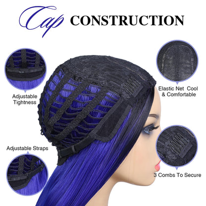 WIGER Long Straight Ombre Wigs Rainbow Mermaid Purple Wigs for Women Black To Blue To Hot Pink No Lace Three-Tone Colored Cosplay Hair 26 Inches Synthetic Girls Party Wig