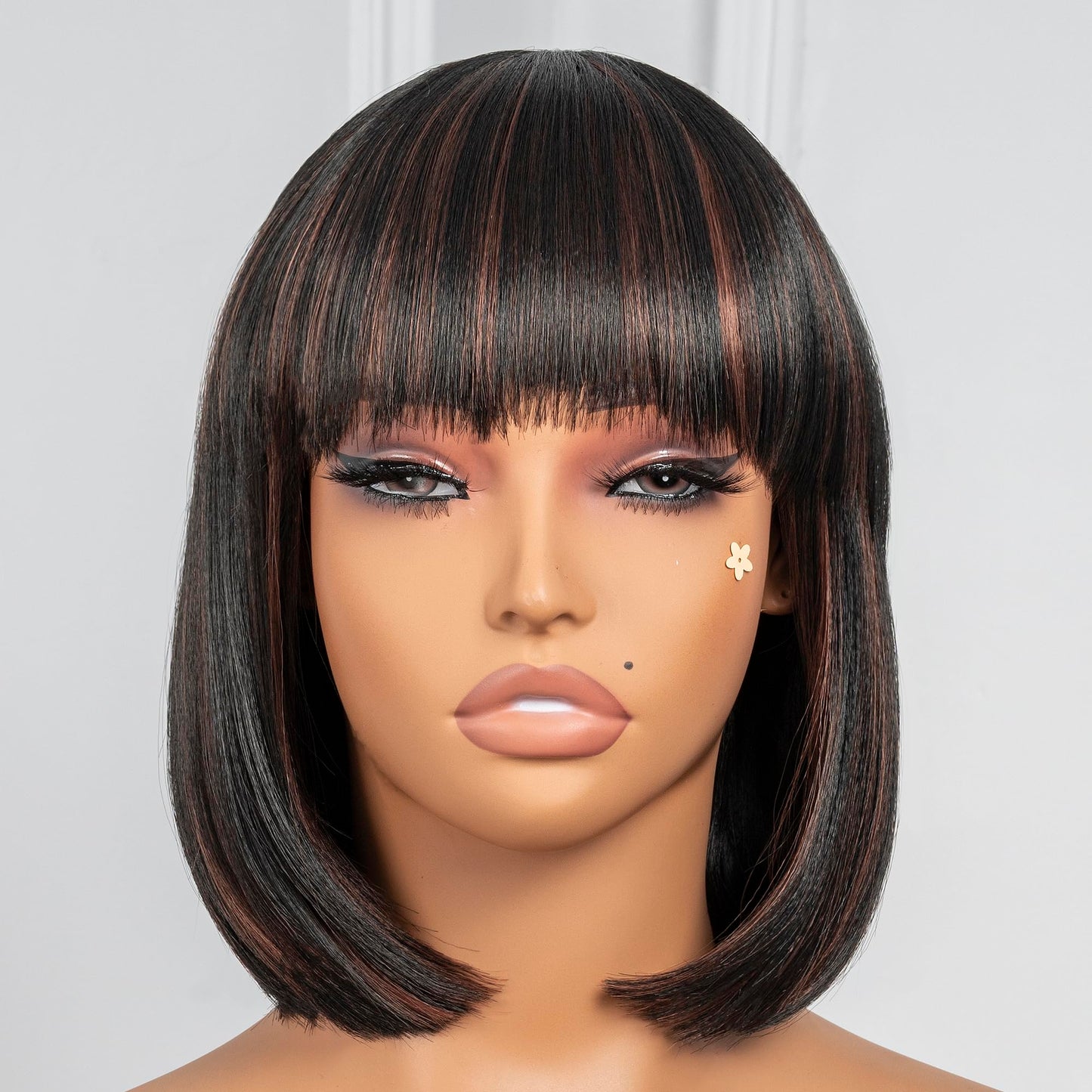 ToyoTress Black Mix Brown Highlight Bob Wig With Bangs - 10 Inch Yaki Straight Bob Wig For Black Women, Short Synthetic Hair Wigs Heat Resistant Daily Costume (10 Inch, SP1B/30-613H)