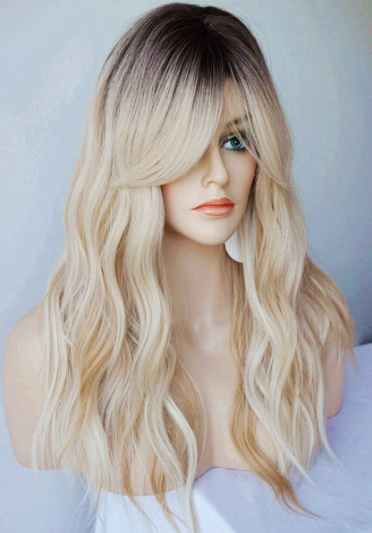 Long Blonde Wig for Women Wolf Tail cut wig Synthetic Hair Blonde Ombre with white Highlight Wigs for White Women (Blonde Highlight)