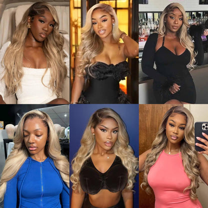 CIYOO 13x6 Ombre Ash Blonde Wigs Human Hair 200% Density Ash Blonde Body Wave Lace Front Wigs for Women Milk Tea Blonde Colored Human Hair Wigs Pre Plucked 28 Inch