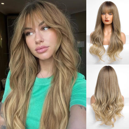 HAIRCUBE Brown to Blonde Wig with Bangs for Women Brown and Blonde Long Wavy Hair Wig Curly Wavy Synthetic Wigs for Girls Daily Party Use
