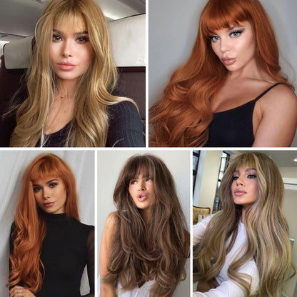 HAIRCUBE Brown to Blonde Wig with Bangs for Women Brown and Blonde Long Wavy Hair Wig Curly Wavy Synthetic Wigs for Girls Daily Party Use