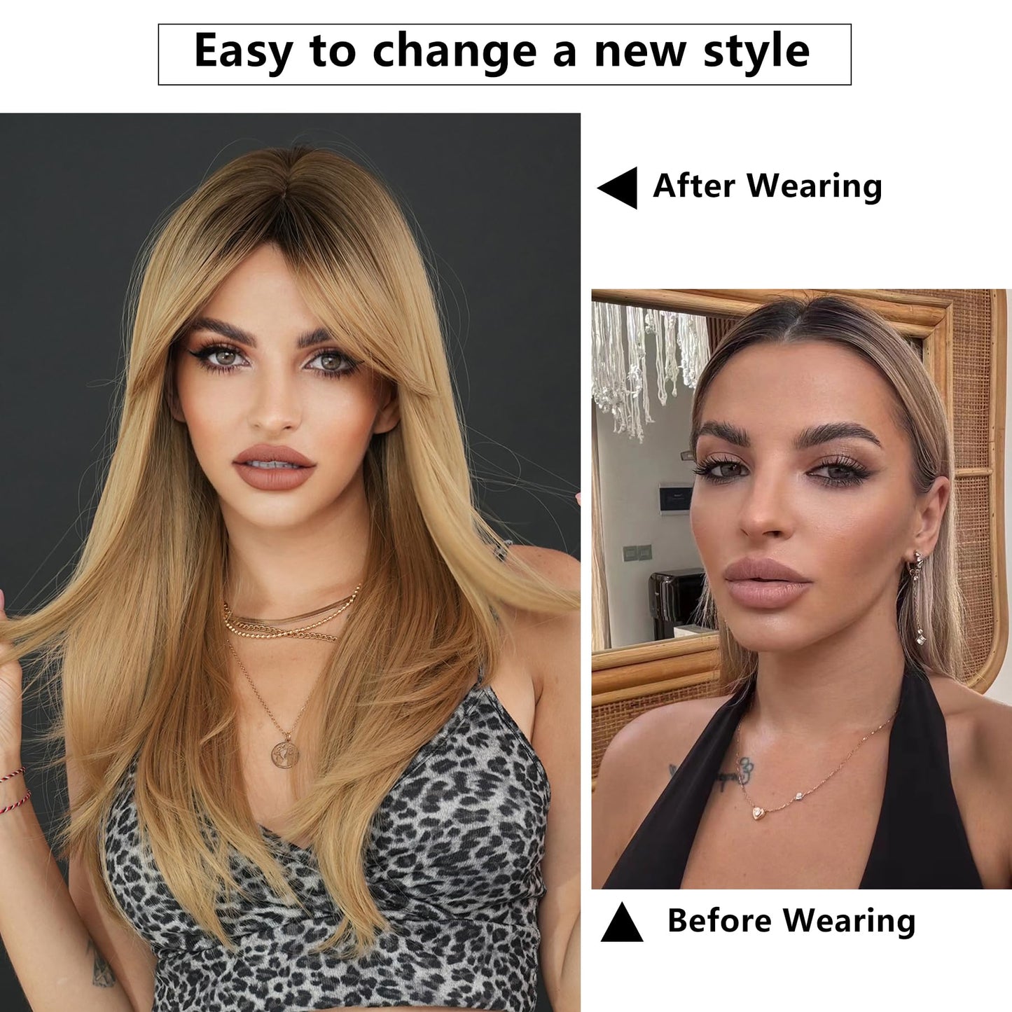 7JHH WIGS Blonde Layered Wig with Curtain Bangs Long Straight Pixie Cut wig with Dark Roots Natural Looking Heat Resistant Synthetic Hair Fiber Wigs for Women Daily Used