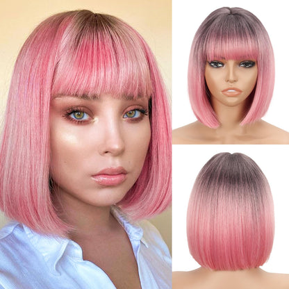 WERD Short Pink Bob Wig for Women Ombre Pink Wig With Bangs Synthetic Hair Straight Pink Bob Wig for Daily Party Cosplay
