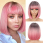 WERD Short Pink Bob Wig for Women Ombre Pink Wig With Bangs Synthetic Hair Straight Pink Bob Wig for Daily Party Cosplay