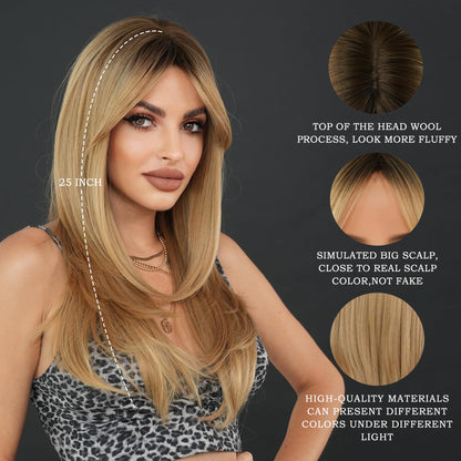 7JHH WIGS Blonde Layered Wig with Curtain Bangs Long Straight Pixie Cut wig with Dark Roots Natural Looking Heat Resistant Synthetic Hair Fiber Wigs for Women Daily Used
