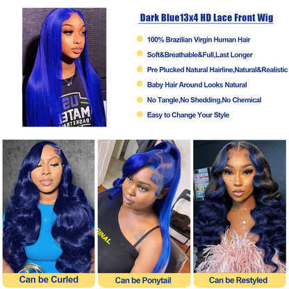 Blue Lace Front Wigs Human Hair Dark Blue Straight 13x4 Hd Lace Frontal Wigs Human Hair Pre Plucked 180% Density Royal Blue Wig Human Hair for Women Wear ad Go Glueless Wig Human Hair 20 Inch