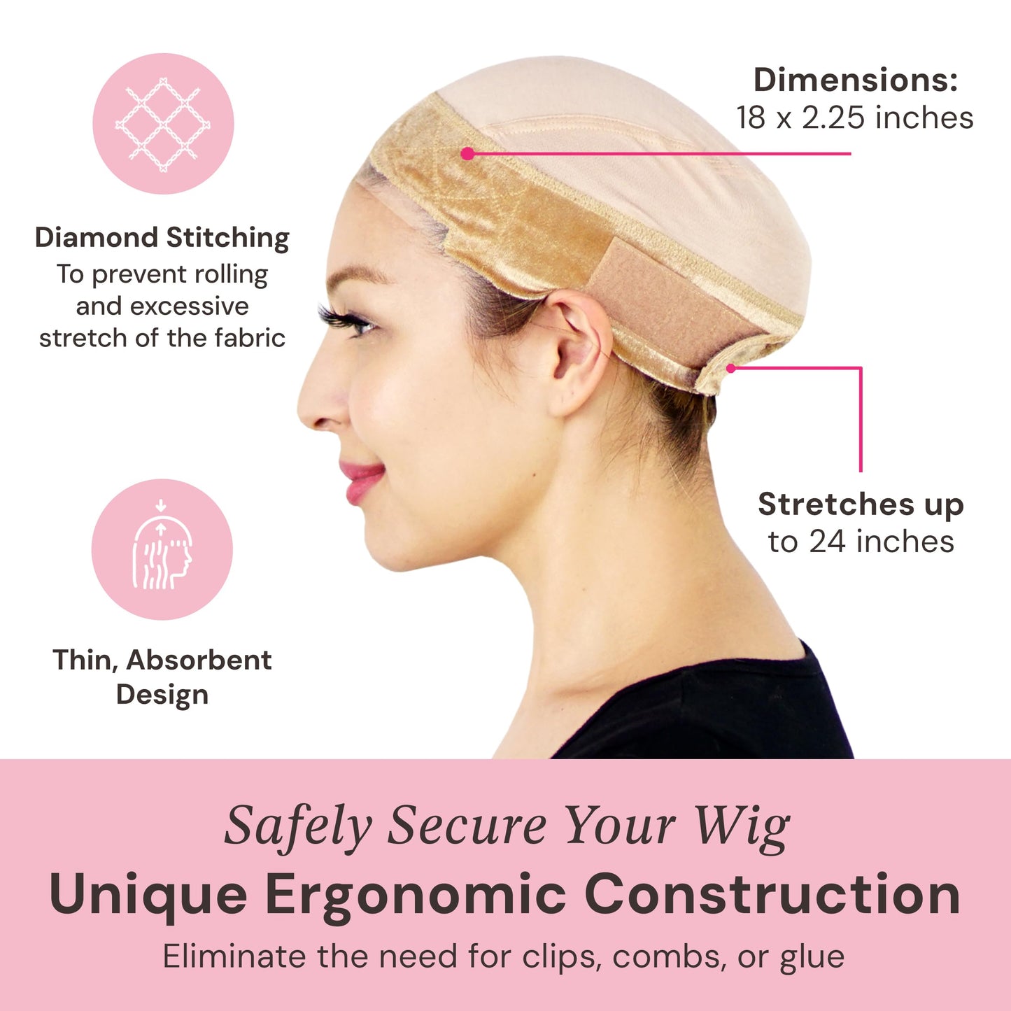 MILANO COLLECTION Lace Wig Grip Cap for Women, Adjustable Wig Caps for Women Non Slip with Headband to Secure Lace Top Perfectly in Place, One Size Fits All, Nude