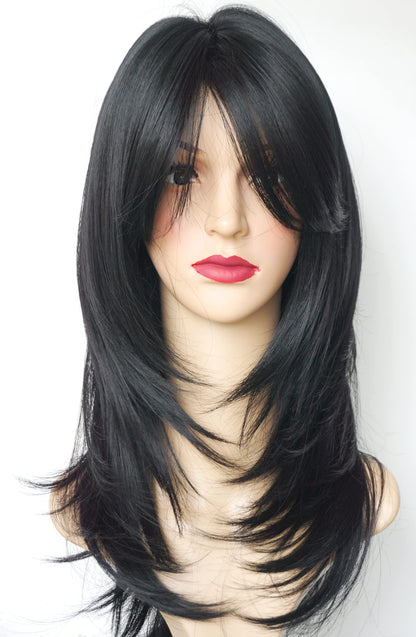 Black wig with bangs Layered Wigs for white Women black hair wig Synthetic Wigs Flow out Curl for White Women (Black)