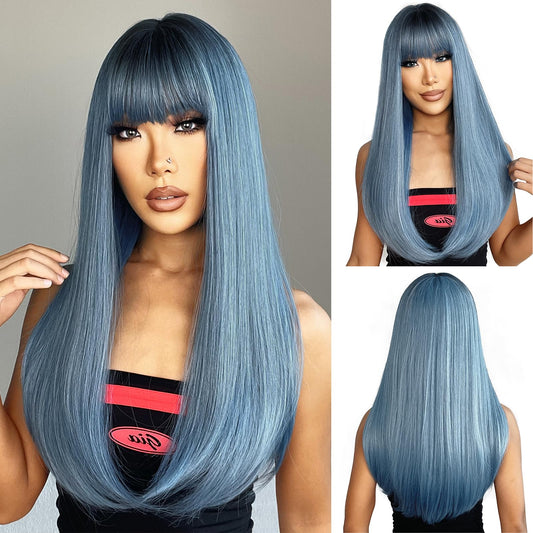 ENTRANCED STYLES Ombre Blue Wig with Bangs Long Straight Mixed Blue Wigs for Women Cosplay Wigs for Girls Natural Hairline Heat Resistant Synthetic Wig for Cosplay Halloween Party Daily
