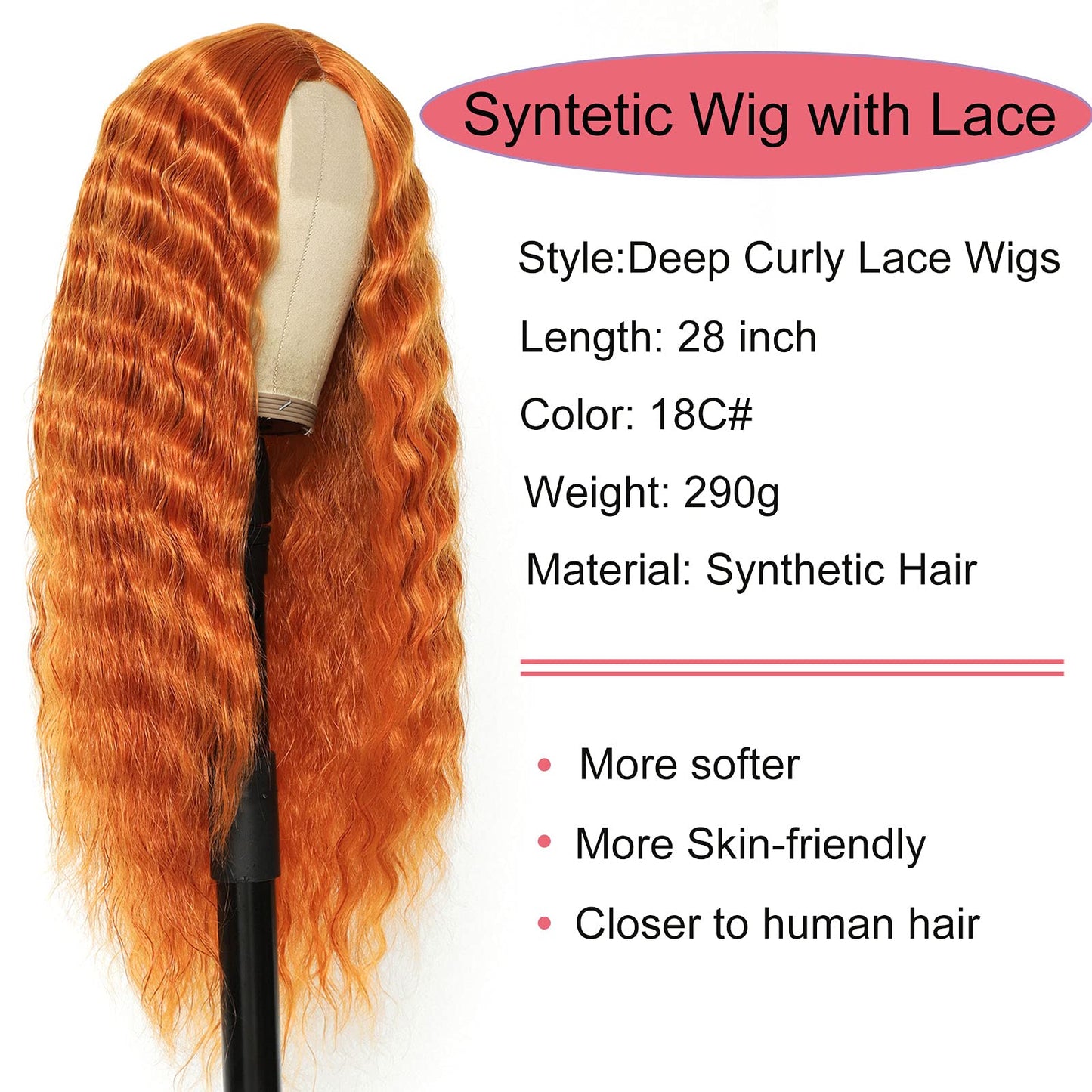 28" Synthetic Curly Wig Long Deep Wave Fake Scalp Lace Wigs for Women Natural Crimps Curls Orange Synthetic Lace Front Wig, 18C#