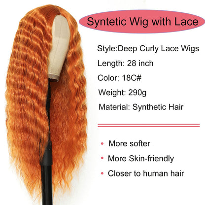 28" Synthetic Curly Wig Long Deep Wave Fake Scalp Lace Wigs for Women Natural Crimps Curls Orange Synthetic Lace Front Wig, 18C#