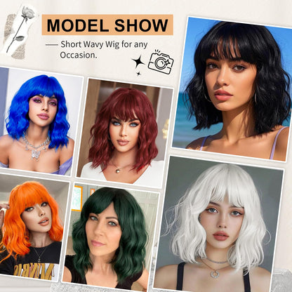 AGO White Wavy Wig with Bangs,Short Curly Bob Wig Shoulder Length 14Inch Synthetic Hair for Women Girl Heat Resistant Synthetic Colorful Wigs for Daily Party Halloween Cosplay Use(60#White)