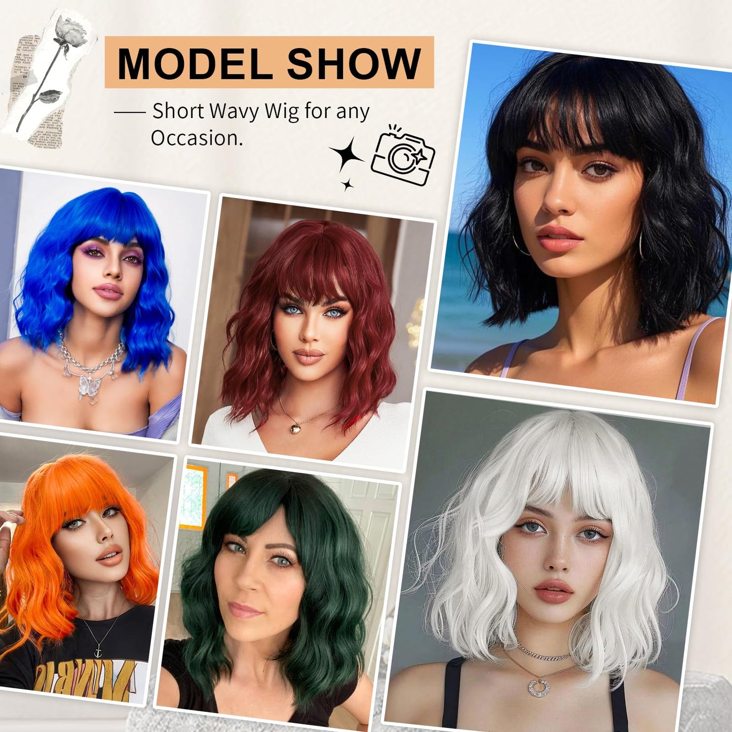 AGO Short Bob Wig with Bangs Dark Green Loose Wave Wigs Shoulder Length 14Inch for Women Colorful Costume Wig Heat Resistant Fiber Hair for Daily Party Halloween Cosplay Use(4/610#DarkGreen)