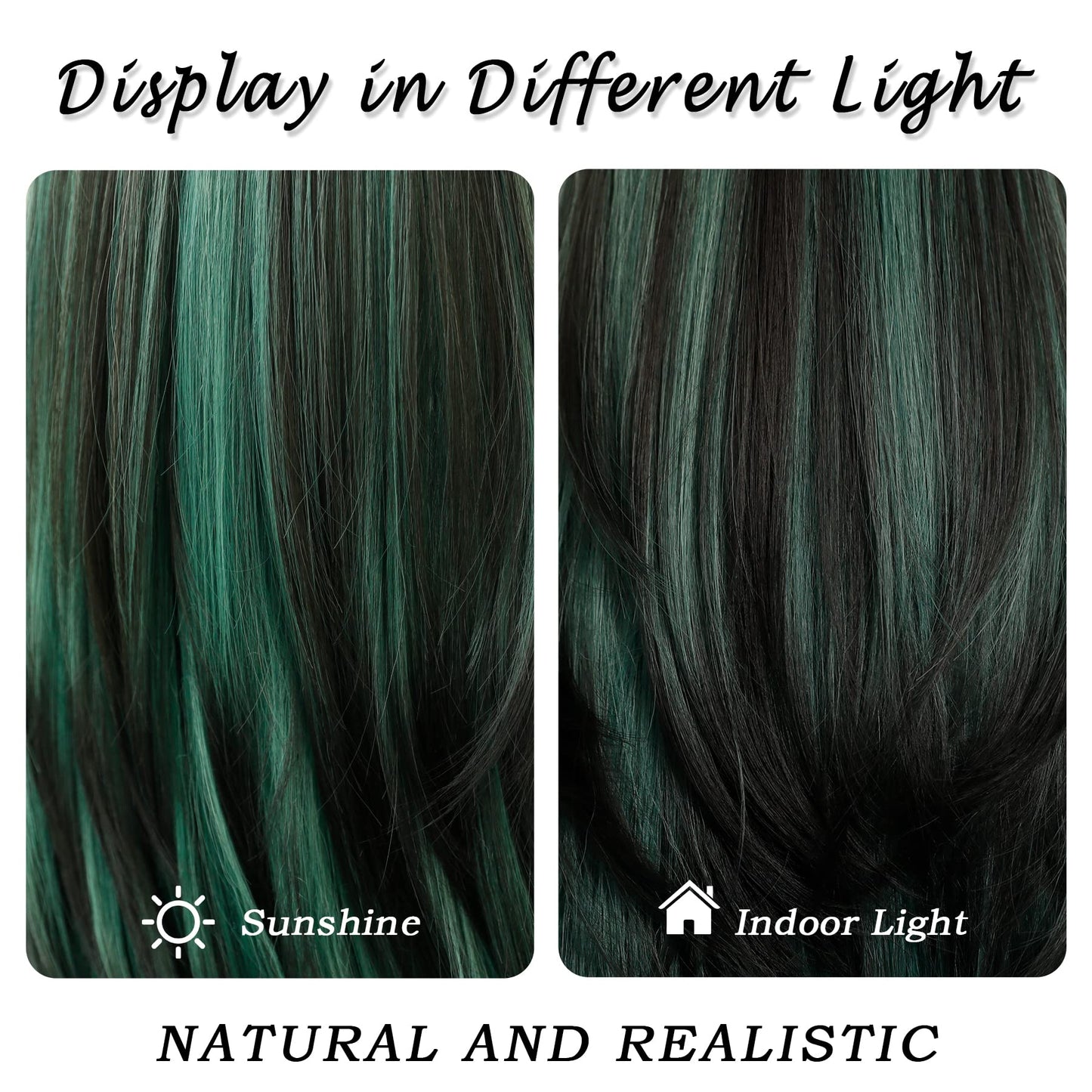 7JHH WIGS Long Straight Wigs with Curtain Bangs,Green Highlight Layered Wig for Women Synthetic High Density Heat Resistant Hair Wig for Daily Party 24 Inches