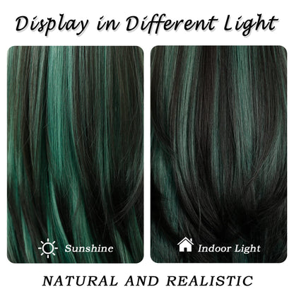 7JHH WIGS Long Straight Wigs with Curtain Bangs,Green Highlight Layered Wig for Women Synthetic High Density Heat Resistant Hair Wig for Daily Party 24 Inches