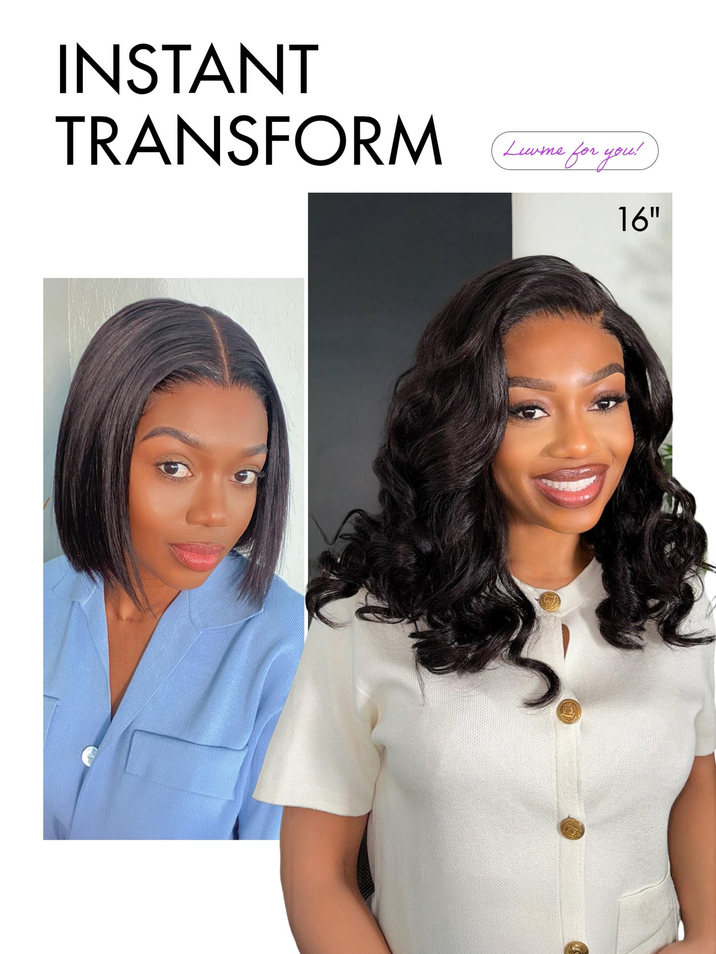 LUVME HAIR 100% Human Hair Wigs Loose Wave Glueless Lace Front 14 Inches, Pre Cut Plucked Hd Lace Short Wig Ready To Go Natural Color Straight Bleached Knots Side Part Black Wigs