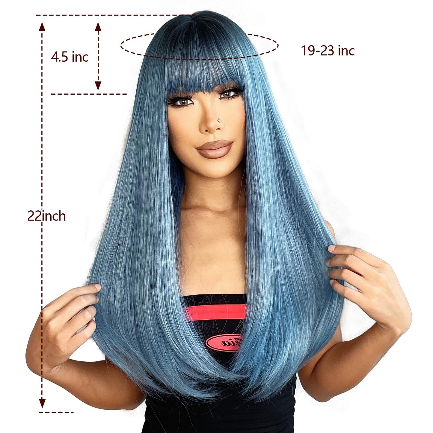 ENTRANCED STYLES Ombre Blue Wig with Bangs Long Straight Mixed Blue Wigs for Women Cosplay Wigs for Girls Natural Hairline Heat Resistant Synthetic Wig for Cosplay Halloween Party Daily