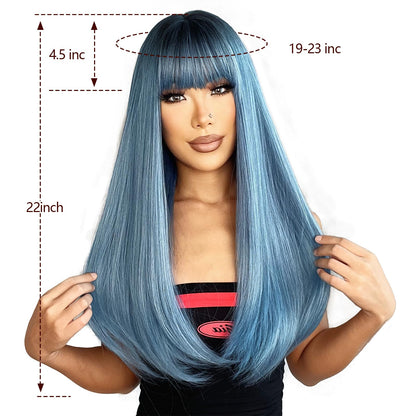 ENTRANCED STYLES Ombre Blue Wig with Bangs Long Straight Mixed Blue Wigs for Women Cosplay Wigs for Girls Natural Hairline Heat Resistant Synthetic Wig for Cosplay Halloween Party Daily