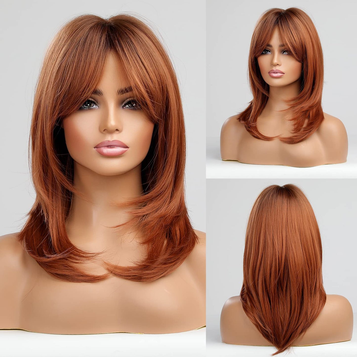 Alanhair Auburn Wigs for Women,MEACO Long Layered Orange Wigs with Bangs Heat Resistant Synthetic Fibre Wigs(pelucas de cabello natural)
