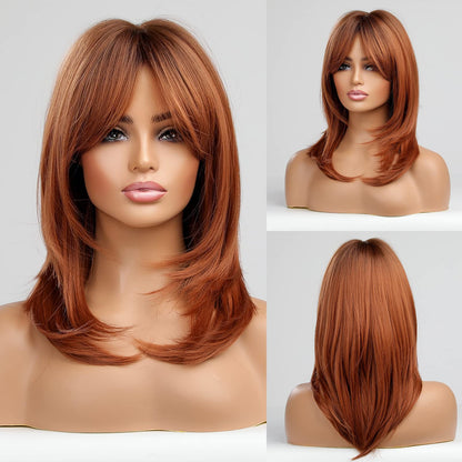Alanhair Auburn Wigs for Women,MEACO Long Layered Orange Wigs with Bangs Heat Resistant Synthetic Fibre Wigs(pelucas de cabello natural)
