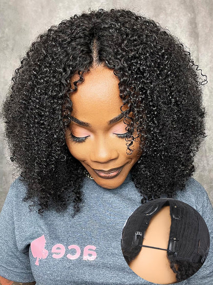 ISEE V Part Human Hair Kinky Curly Minimal/No Leave Out Upgrade U Part Wig for Black Women V Shape Kinky Curly Thin Part Glueless Clip In Half Wig 180% Density Natural Color 14 Inch