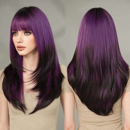 7JHH WIGS Long Straight Purple Synthetic Wig with Bangs 25inch Layered Hair Tail Dye Black Heart Resistant Synthetic Fiber Natural Looking Wigs for Women Party Cospaly and Daily Used