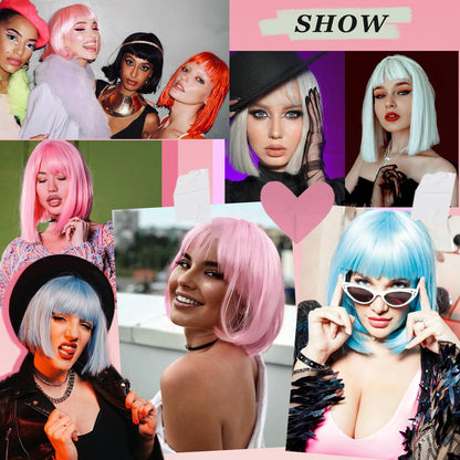 Light Blue Bob Wig with Bangs Short Straight Blue Wig for Women Shoulder Length Wigs Colorful Synthetic Wig for Daily Use Party Cosplay（12Inch）