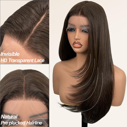 Glueless Synthetic Lace Front Wig 26 Inches Long Straight Wigs for Black Women 13x5x1 HD Lace Hand Tied Pre Plucked Hairline (#4 Chocolate Brown, 26 Inch)
