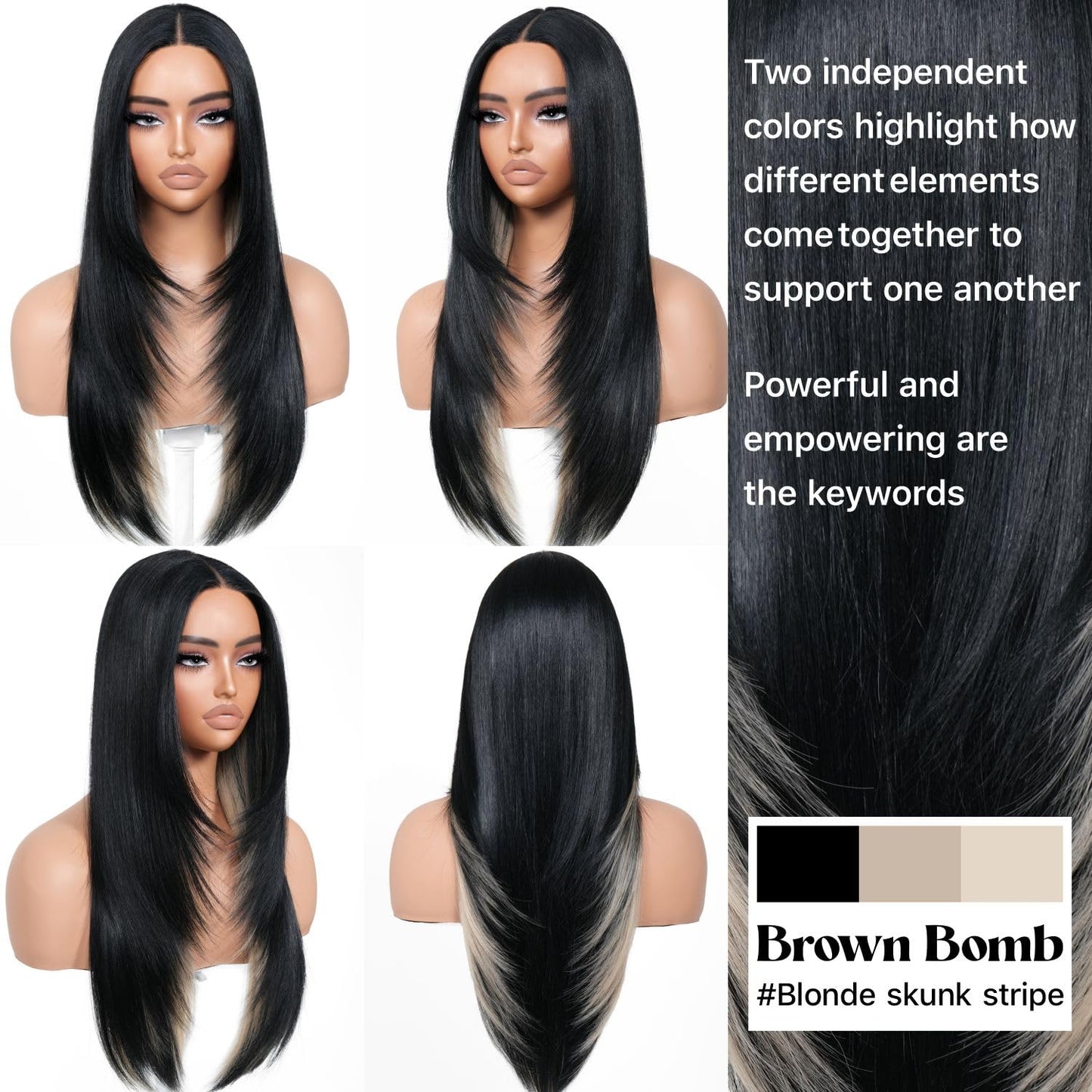 BrownBomb Black Blond Skunk Stripe Wear and Go Glueless Wigs Pre Plucked Pre Cut for Beginners Synthetic Lace Front Wigs With Bangs Long Straight layered Wigs Highlights 26 Inch 3 Seconds to Wear