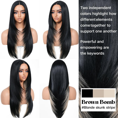 BrownBomb Black Blond Skunk Stripe Wear and Go Glueless Wigs Pre Plucked Pre Cut for Beginners Synthetic Lace Front Wigs With Bangs Long Straight layered Wigs Highlights 26 Inch 3 Seconds to Wear
