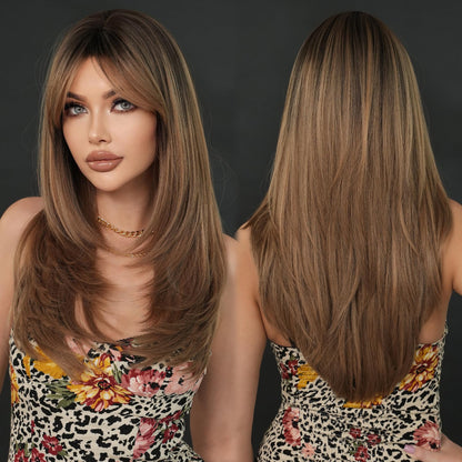 7JHH WIGS Long Blonde Brown Highlight Wig with Bangs for Women Heat Resistant Fiber 25 Inch Layered Synthetic Hair Wigs with Dark Roots for Daily Use