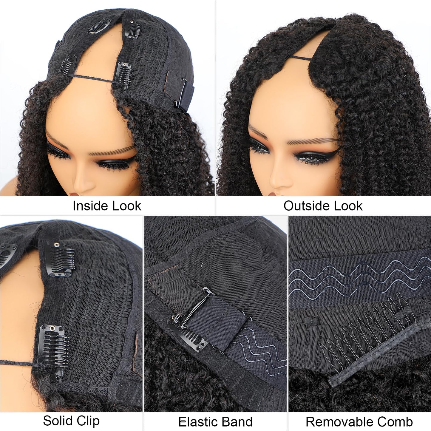 ISEE V Part Human Hair Kinky Curly Minimal/No Leave Out Upgrade U Part Wig for Black Women Human Hair V Shape Wig Kinky Curly Thin Part Glueless Clip In Half Wig 180% Density Natural Color 16 Inch