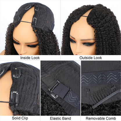 ISEE V Part Human Hair Kinky Curly Minimal/No Leave Out Upgrade U Part Wig for Black Women Human Hair V Shape Wig Kinky Curly Thin Part Glueless Clip In Half Wig 180% Density Natural Color 16 Inch
